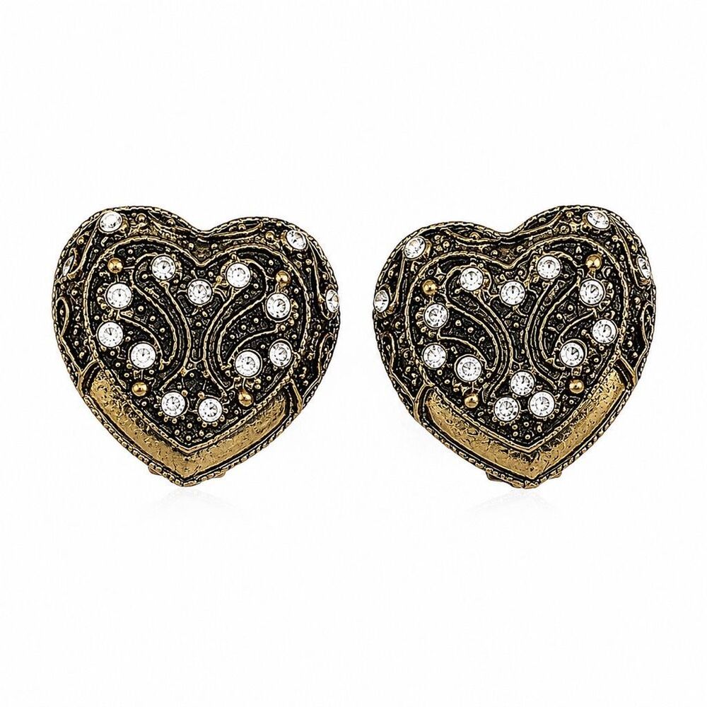 Superstar Heart Rhinestone Clip On Earrings Antique Gold Tone 1” Vintage Style